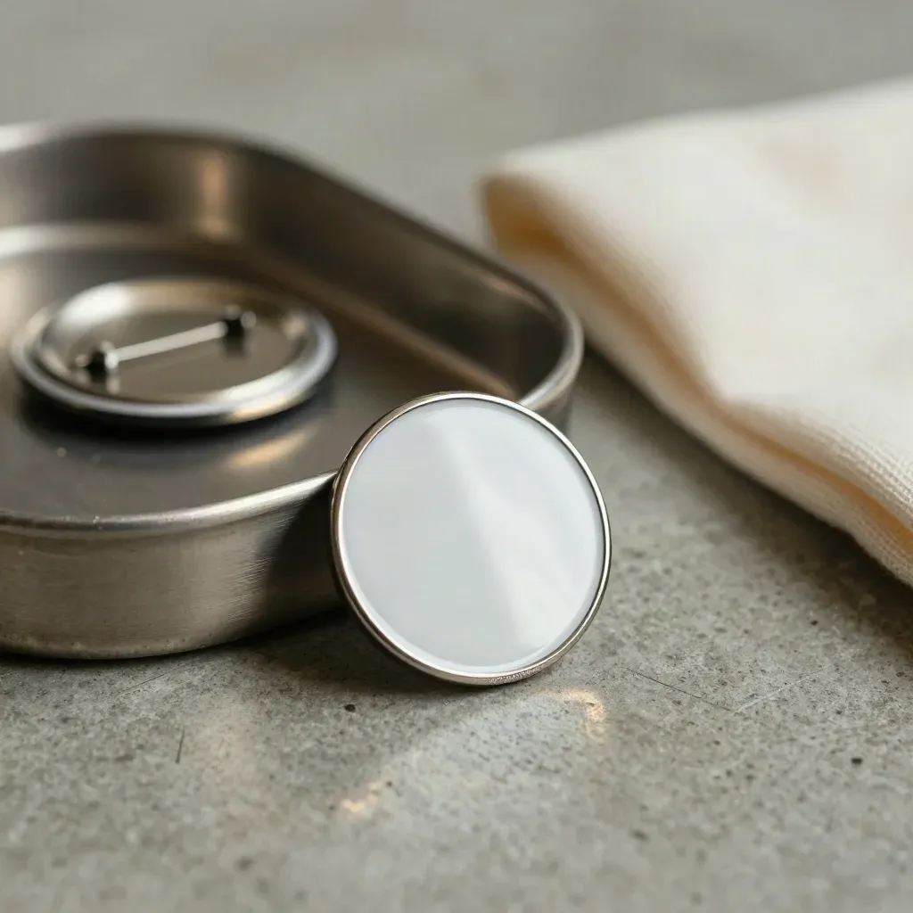 Pin émaillé rond sur feutre, avec badges flous et bande de tissu sur plateau métal.