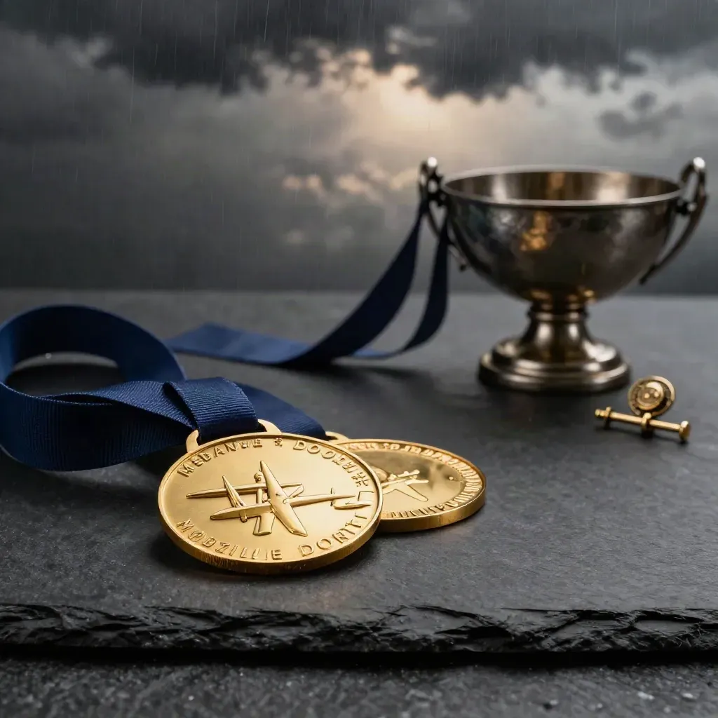 Grande médaille d’or gravée avec ruban bleu nuit, style publicitaire dramatique.