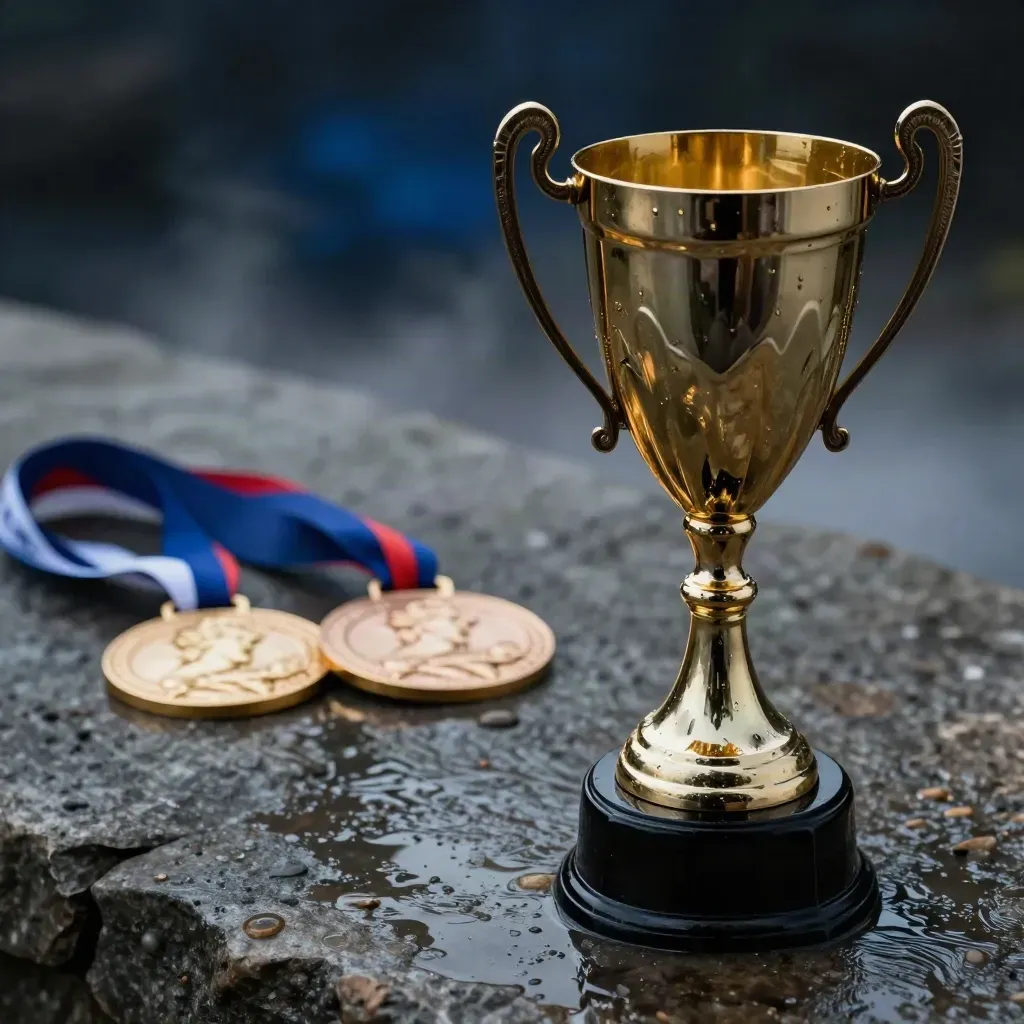 Coupe de tournoi dorée sur pierre mouillée avec deux médailles floues et un ruban en arrière-plan.