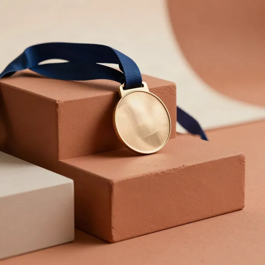 Podium à trois marches avec ruban bleu nuit et médaille, sur fond terracotta doux.