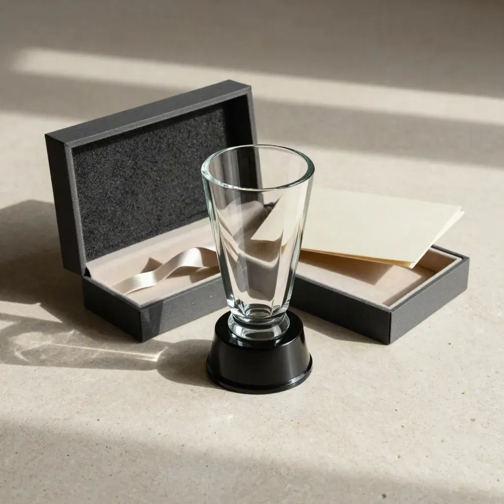 Trophée en verre sur socle noir, coffret ouvert et ruban discret sur pierre claire.