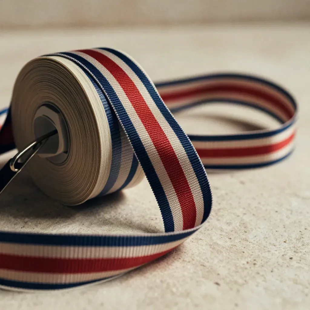 Gros plan d’un ruban tricolore en rouleau avec une boucle en S sur fond minéral.
