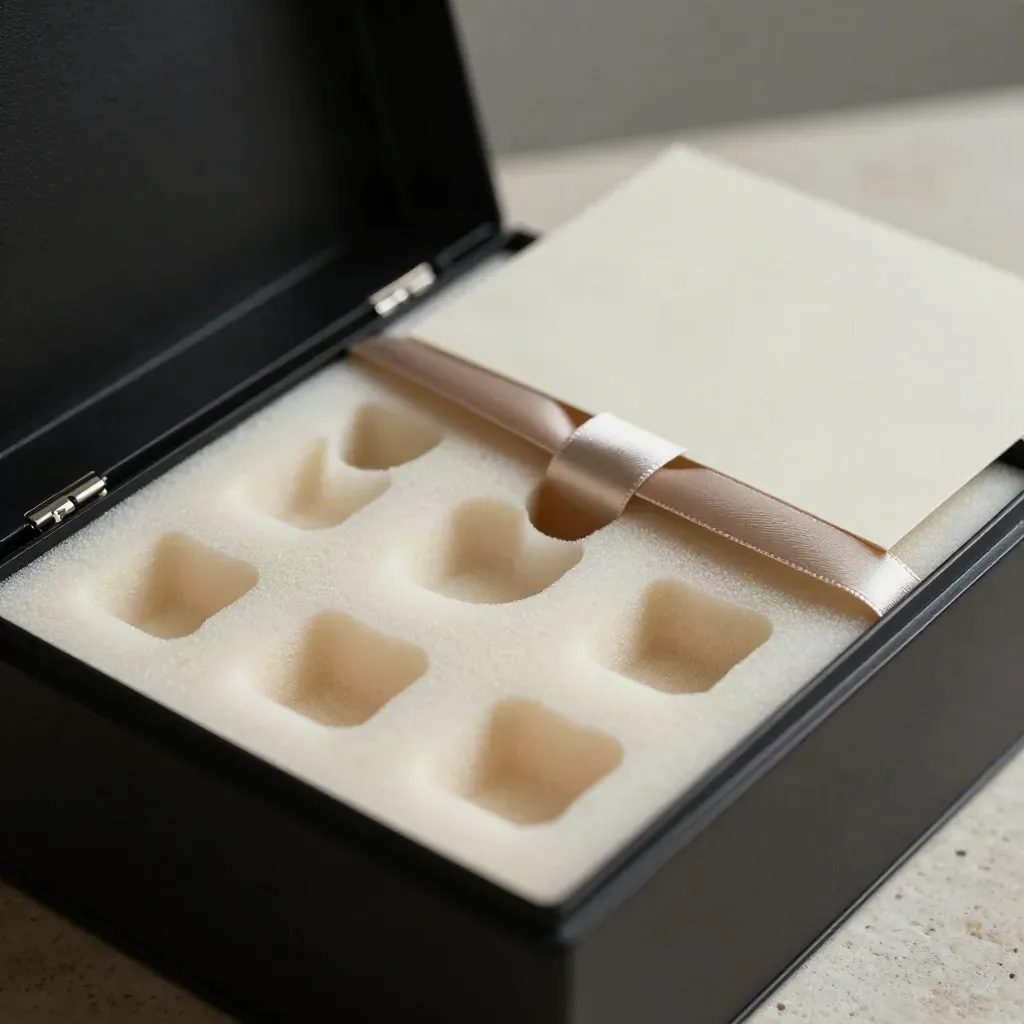Coffret de remise des prix noir entrouvert avec mousse découpée et ruban satiné.