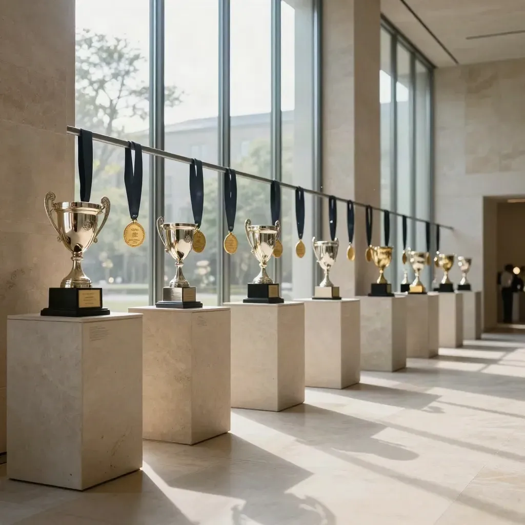 Galerie lumineuse de pierre et de verre avec trophées gravés sur socles, vide calme au premier plan.