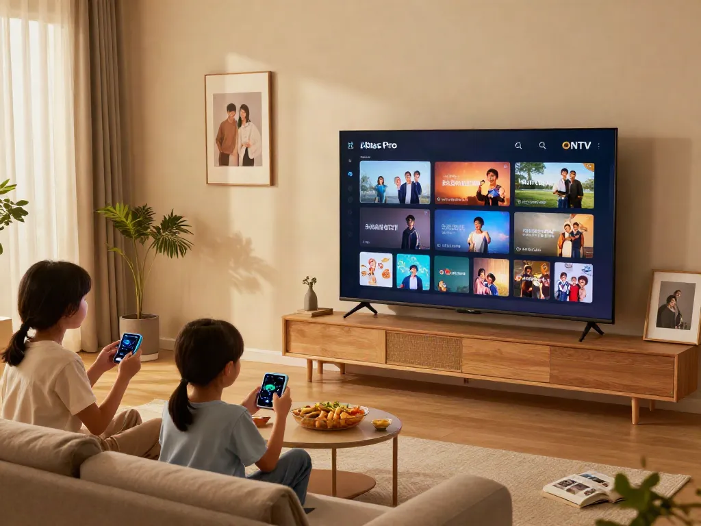 Famille se divertissant avec l'application atlas pro ontv dans un salon moderne.