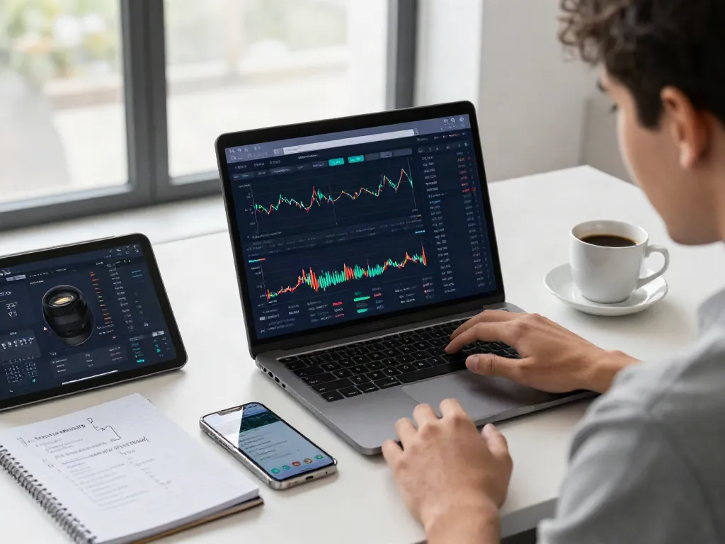 Interface de trading automatisé sur la-couponeau.com avec analyste de marché dans un bureau moderne.