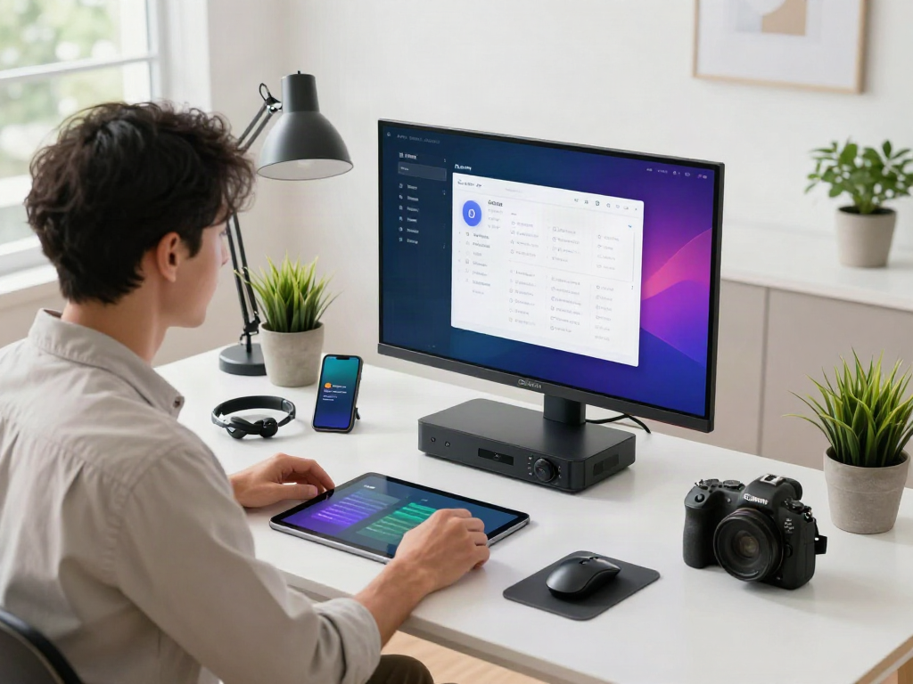 Un professionnel utilisant l'Atlas pro ontv dans un espace de travail moderne, entouré de gadgets technologiques.