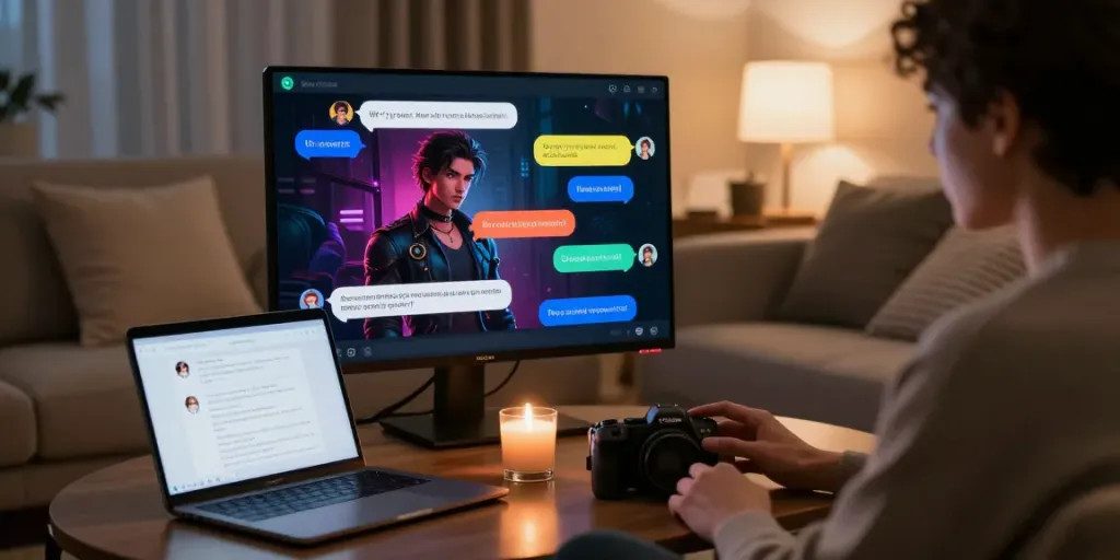 Engaging NSFW AI chat interaction with vibrant character art and intimate dialogues in a cozy home setting.